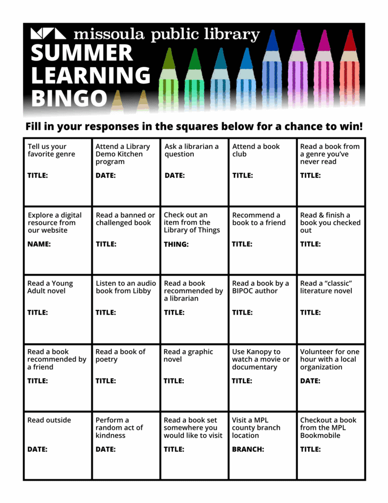 Teen & Adult Summer Learning Program 1 Summer Learning Program BINGO sheet