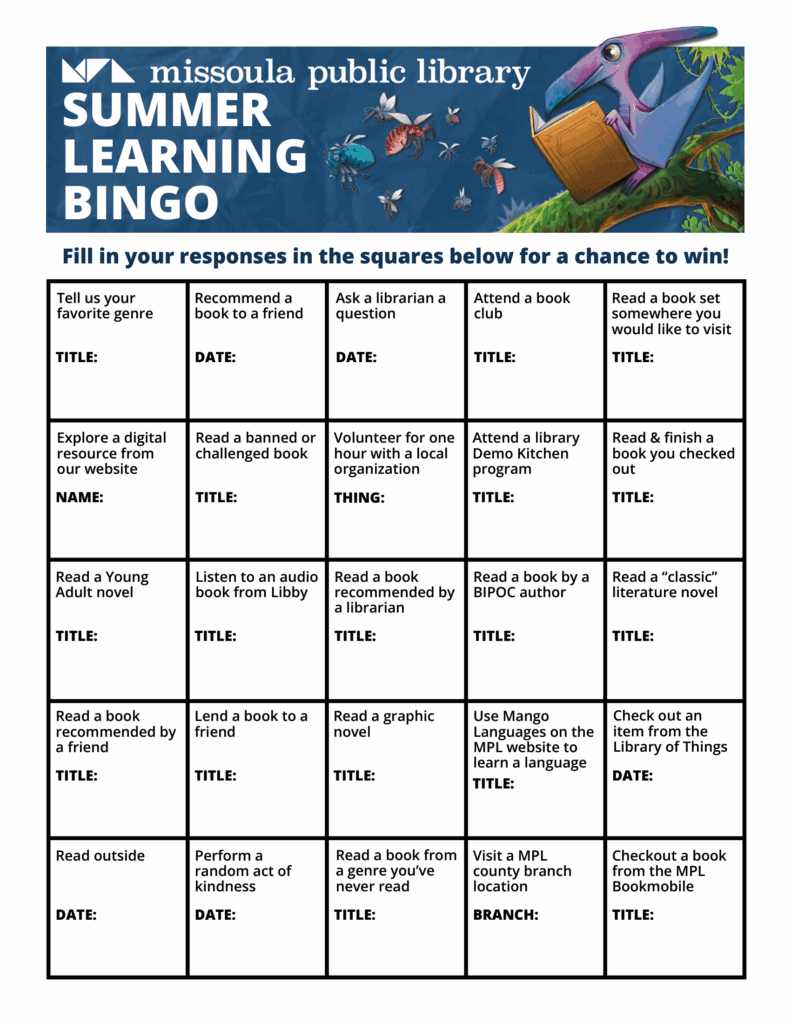 2026 summer learning program bingo sheet